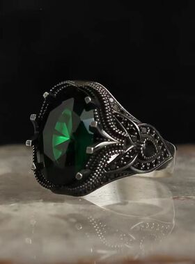 新款欧美多彩蛋形锆石戒指男七彩指环复古饰品