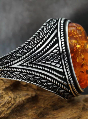 欧美饰品 朋克复古抹黄镶琥珀戒指 男女简约高级感食指环