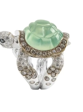 新款 绿色珠宝乌龟戒女指雕刻黑棕色镶钻戒指