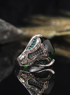 新款镶嵌绿色宝石戒指跨境欧美时尚复古指环