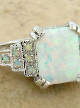 新品方形白色澳宝古银手饰品欧美新娘女士结婚戒指