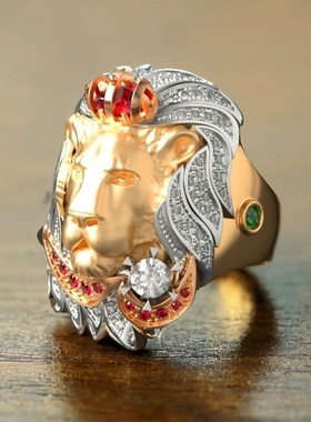 欧美时尚个性奢华狮子王霸气彩钻男戒饰品