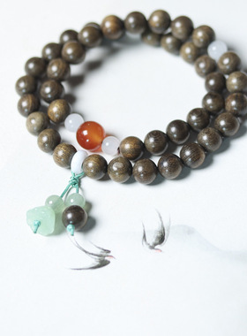 阴沉金丝楠木diy双圈手串手链玉石莲蓬吊坠款男女士文玩佛珠饰品