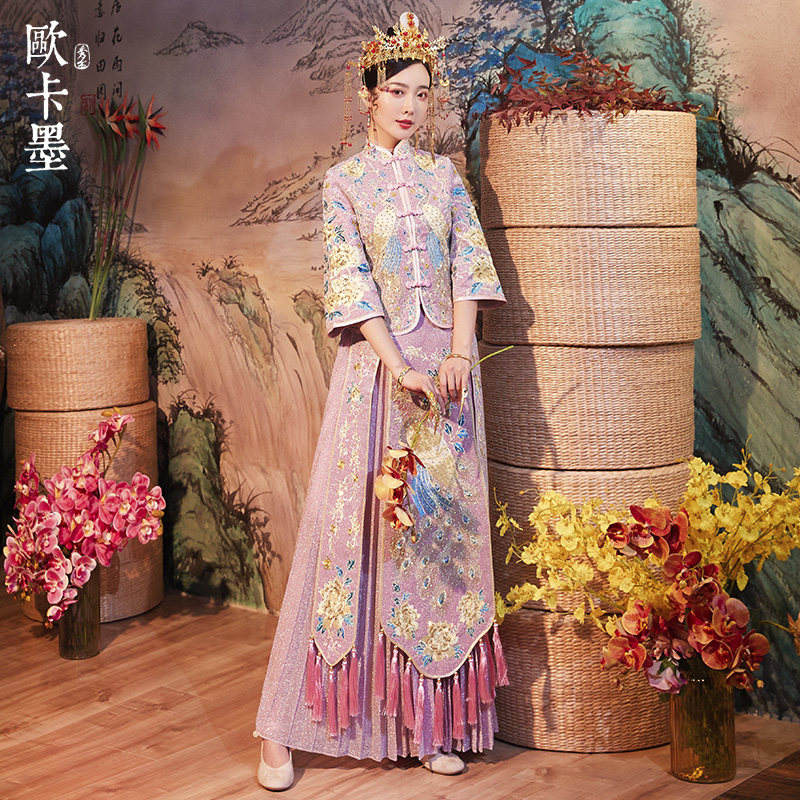 粉色秀禾服新娘2019新款秋秀敬酒服 欧卡墨旗袍