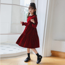 Girl Autumn Winter Velvet Dress With Dress Children Korean Version Wine Red Gown Dress CUHK Child New Year Plus Velvet Princess Dress