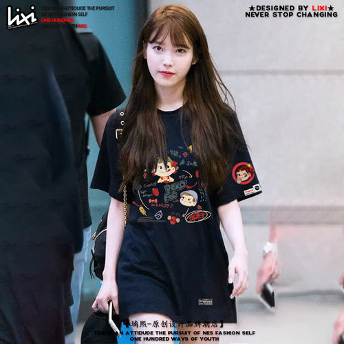 2026春夏季IU李智恩同款卡通不二家宽松半袖情侣上衣短袖T恤女 - 图0