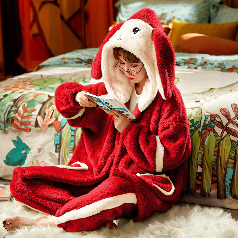 珊瑚绒加绒加厚秋冬款毛茸茸睡袍 米翡莉睡衣/家居服套装