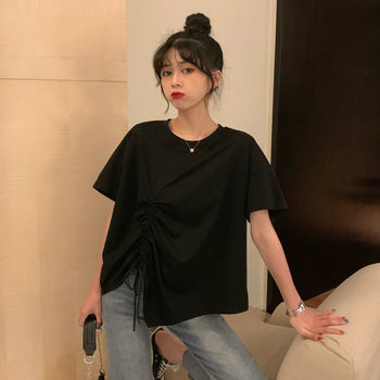 Fat mm plus size women's summer 2024 short-sleeved T-shirt women's drawstring irregular design loose top trendy ins