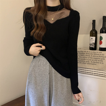 Large code womens dress French style mesh yarn splicing knit long sleeves beating undershirt spring autumn chubby sister covered with slim positive shoulder blouses