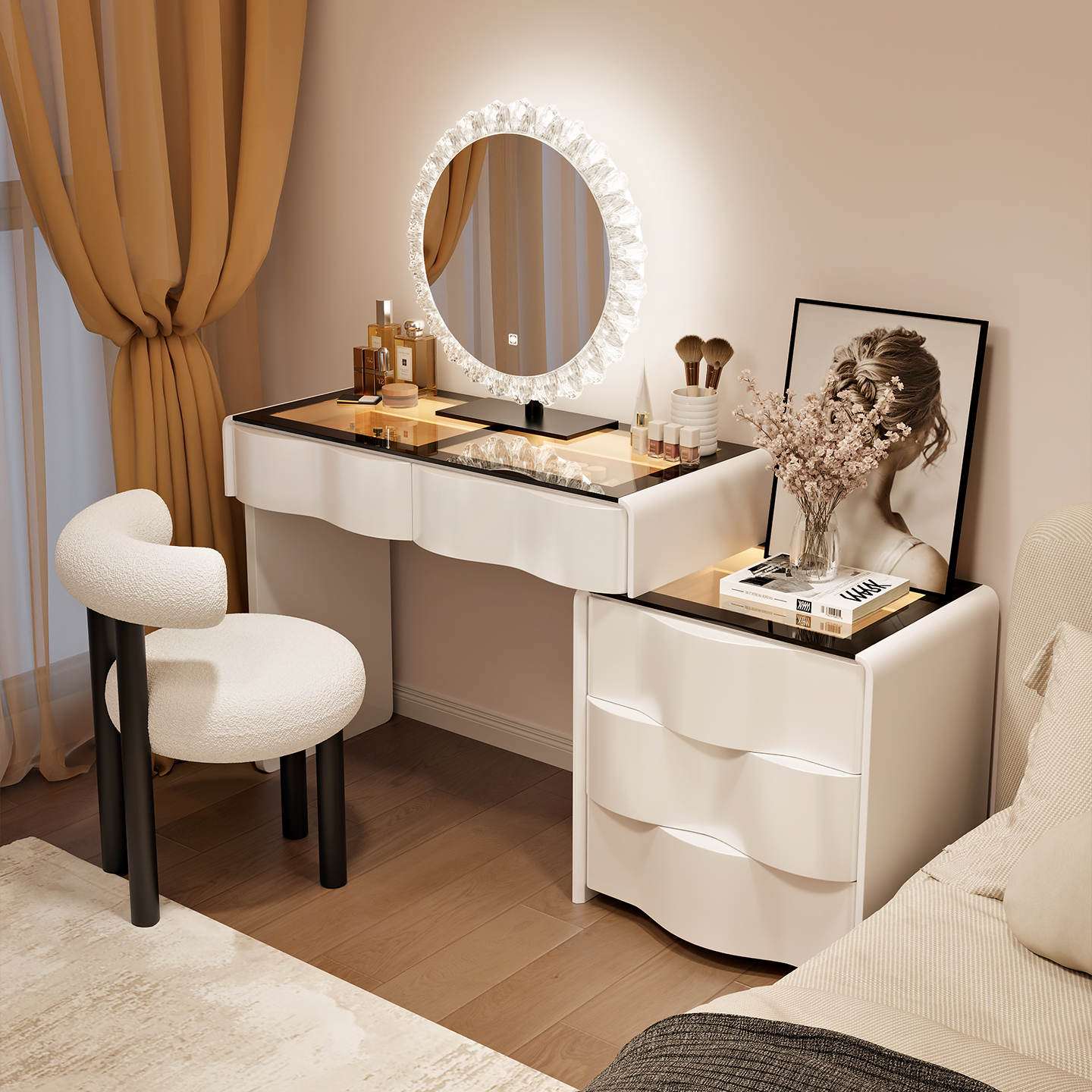2025新款镜面梳妆台现代卧室简约斗柜一体实木化妆桌一体化妆镜 - 图2