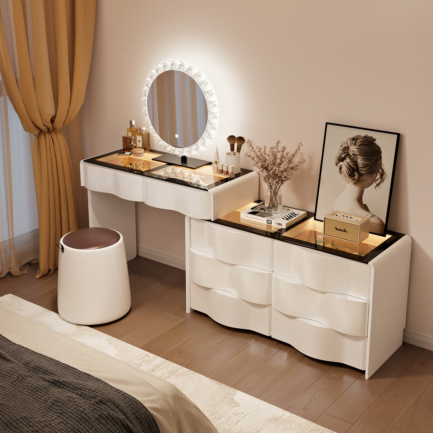 2025新款镜面梳妆台现代卧室简约斗柜一体实木化妆桌一体化妆镜 - 图0