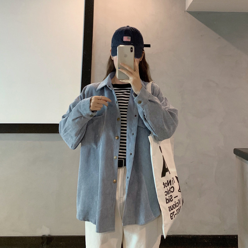 灯芯绒女盐系2020新款韩版宽松衬衫 彩丽纯衬衫