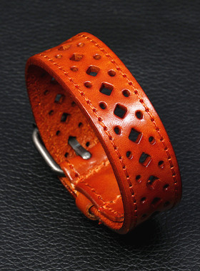 外贸爆款欧美牛皮手链复古镂空男士宽真皮手环个性骑行饰品朋克镯