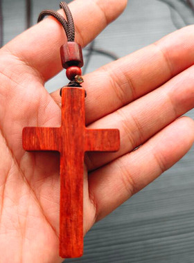 檀木木质十字架情侣项链车挂