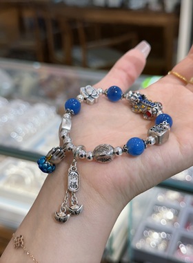 蓝色溏心玛瑙纯银手链貔貅莲花招财纳福原创做旧时尚百搭宽手串