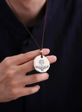 999纯银实心吊坠雄鹰男项链挂坠老鹰圆牌足银飞鹰挂件太阳鸟银饼