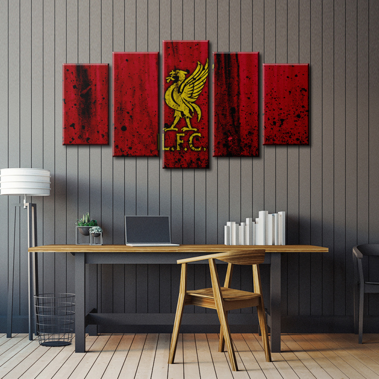 英超利物浦队徽五联拼画客厅沙发背景墙装饰画足球主题酒吧壁画-图1