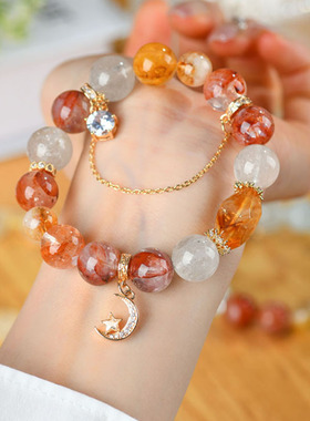 天然水晶多宝大颗粒手链红黄胶花黄塔晶女士原创手串饰品