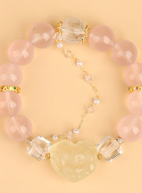 天然莫桑比克星光粉水晶爱心九尾狐手链原创中式时尚女士手链