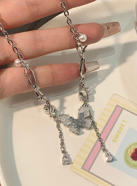 超仙碎石蝴蝶流苏项链女轻奢高级感气质颈链时尚百搭锁骨链项饰夏