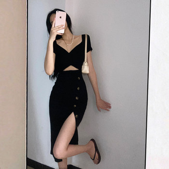 Niche high-waisted sexy slim dress for women 2023 summer summer waist slimming single-breasted slit knee-length little black dress