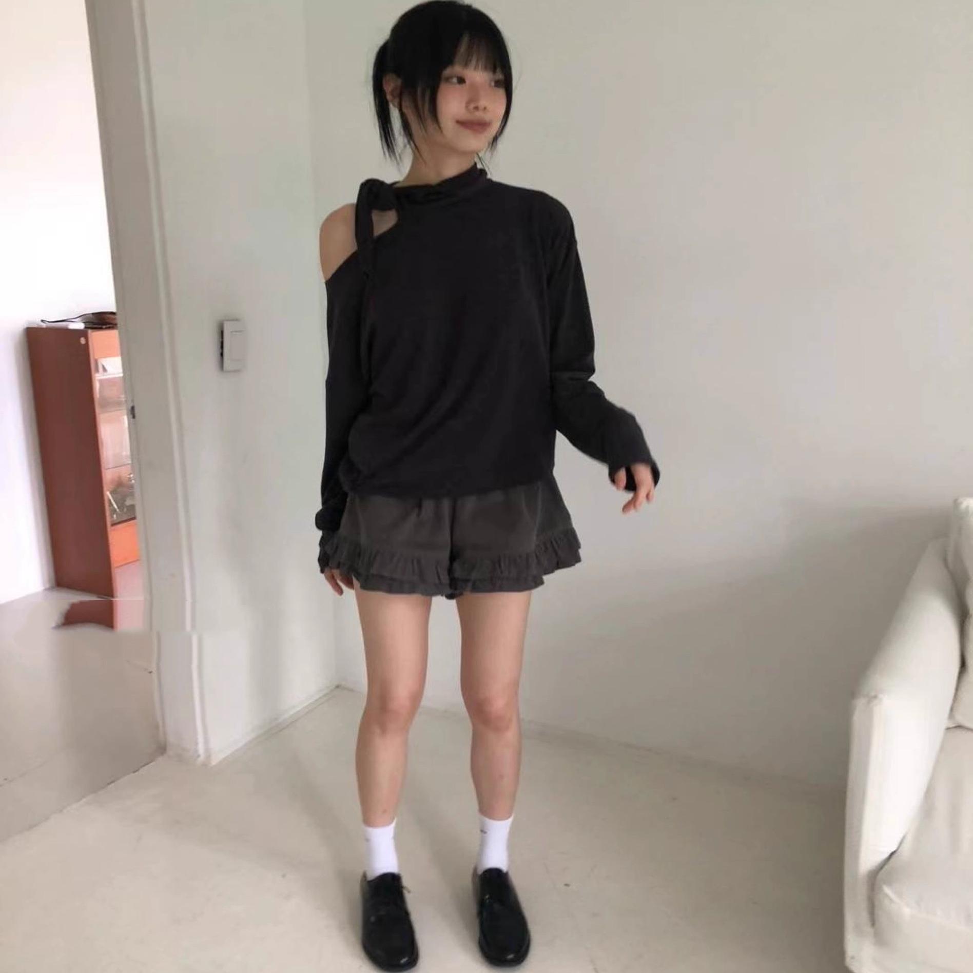 Exclusive type 韩版小众设计复古露肩绑带柔软贴肤长袖T桖上衣女 - 图3