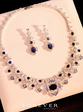奢华大气镶钻蓝宝石项链耳环套装