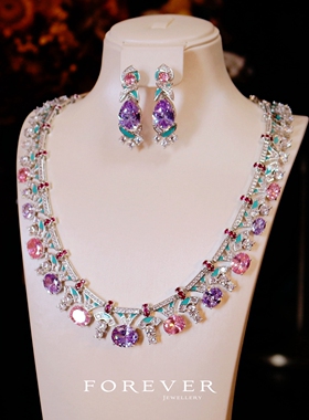 奢华重工镶钻锆石锁骨链耳环套装