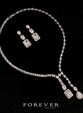 铜镀白金镶锆石女士宴会礼服项链