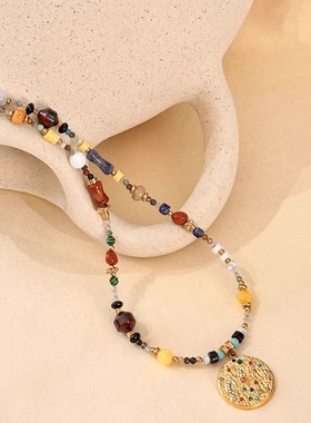 民族风金色画大饼吊坠项链