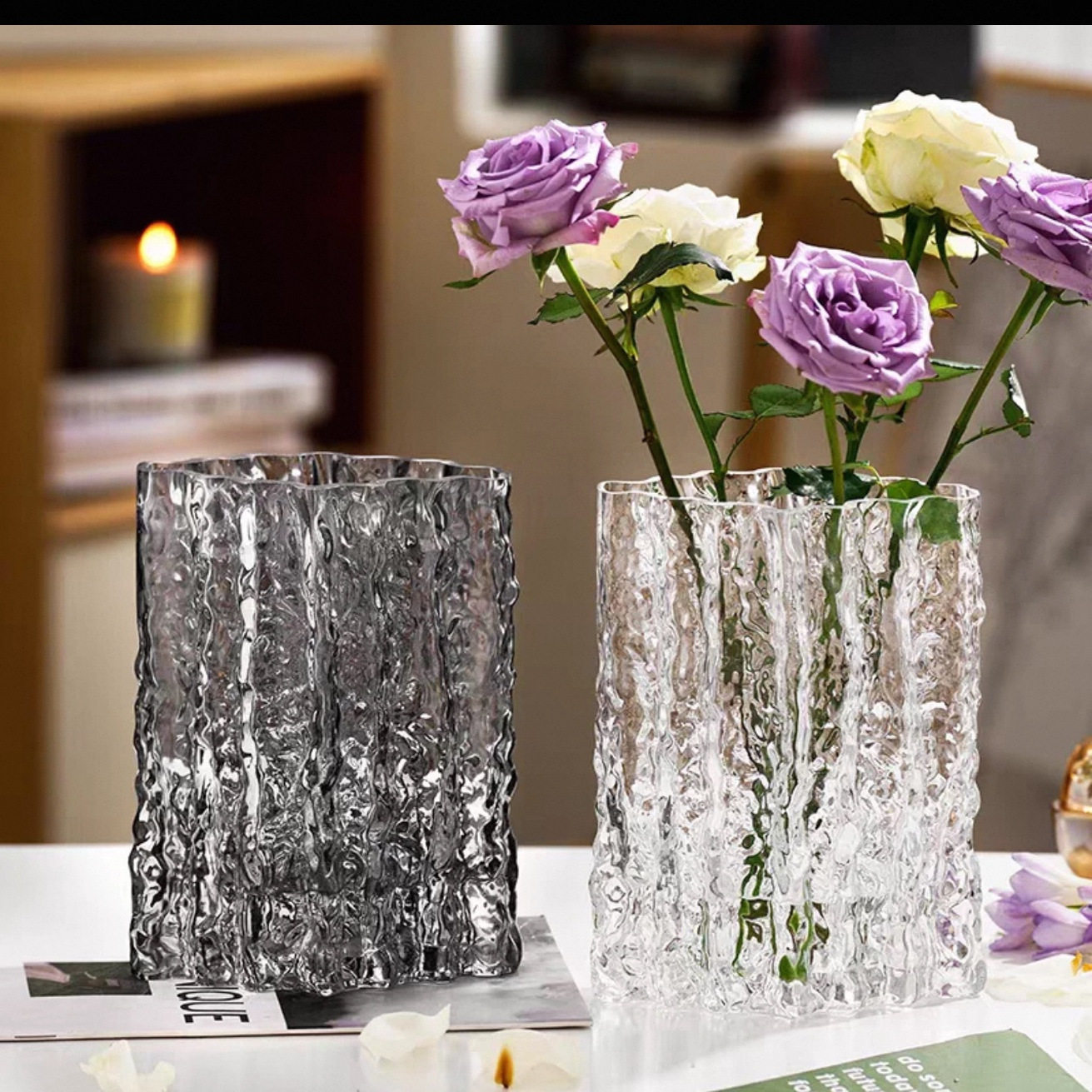 ins风高级感玫瑰鲜花客厅餐桌摆件网红轻奢冰川花瓶玻璃透明波纹,淘宝优惠券,粉丝福利购,淘宝优惠卷