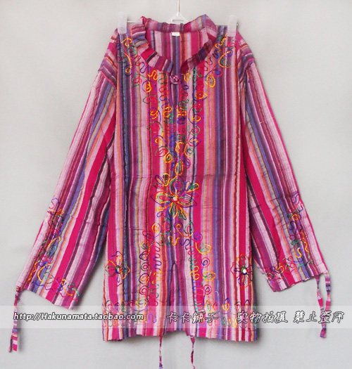 Nepalese stand collar embroidered drawstring cotton and linen fat shirt