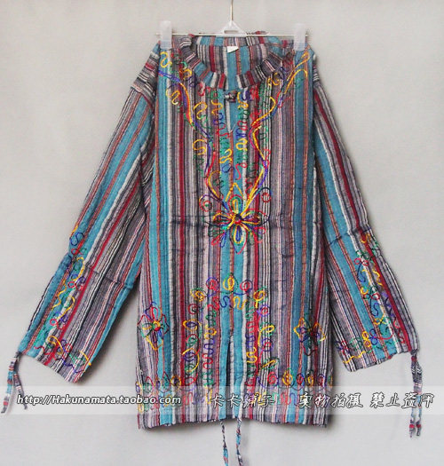 Nepalese stand collar embroidered drawstring cotton and linen fat shirt
