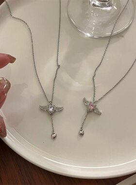 轻奢高级感碳钢项链女丘比特爱心吊坠天使翅膀跳动的心锁骨链颈链