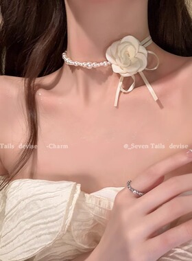 山茶花朵珍珠项链女choker锁骨链拼接轻奢小众系花颈链高级配饰