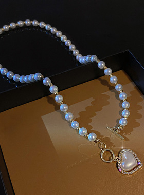 复古甜美爱心镶钻项链OT扣个性设计锁骨链简约气质优雅珍珠颈链女