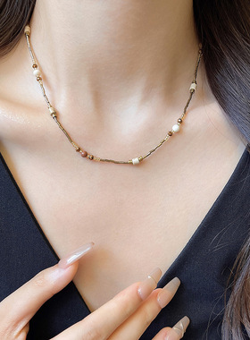 美拉德风虎眼石手工串珠项链轻奢气质百搭高级感小众米珠锁骨颈链