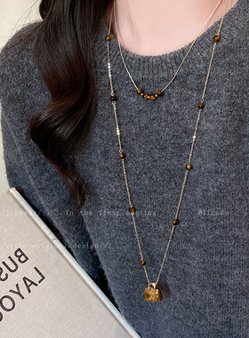 韩系ins风虎眼石包包叠戴项链女款高级感轻奢毛衣链小众精致配饰