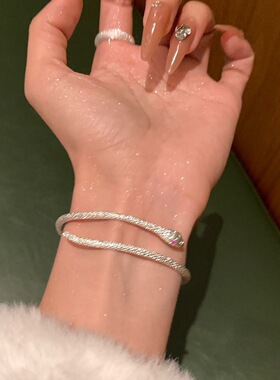 小众银色灵蛇手镯百搭简约设计版赤眼灵蛇可调节手镯高质纹理手环