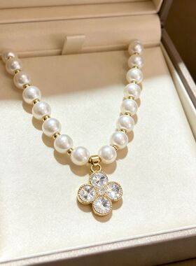 玻璃珍珠项链女气质渐变奢华小众四叶花锁骨锆石爆款高级感潮项链