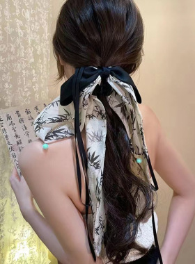 中国风水墨画蝴蝶结飘带发夹女后脑勺弹簧夹古风旗袍汉服头饰发卡