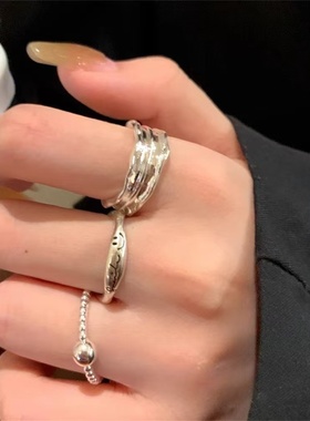 时尚小众设计笑脸花边纯银戒指2024年新款潮简约个性食指戒手饰潮