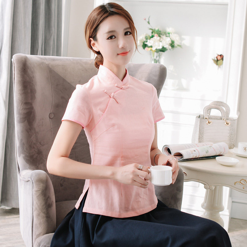 中国风旗袍上衣棉麻修身短袖夏汉服 coopular上衣