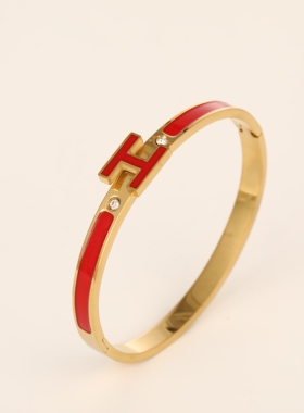 H字母素圈手镯女珐琅钛钢手镯子