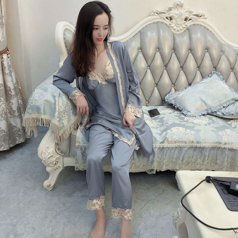 卡耐士旗舰店睡衣女春秋性感四七五件套冰丝绸吊带裙带胸垫睡袍家居服夏季薄款0