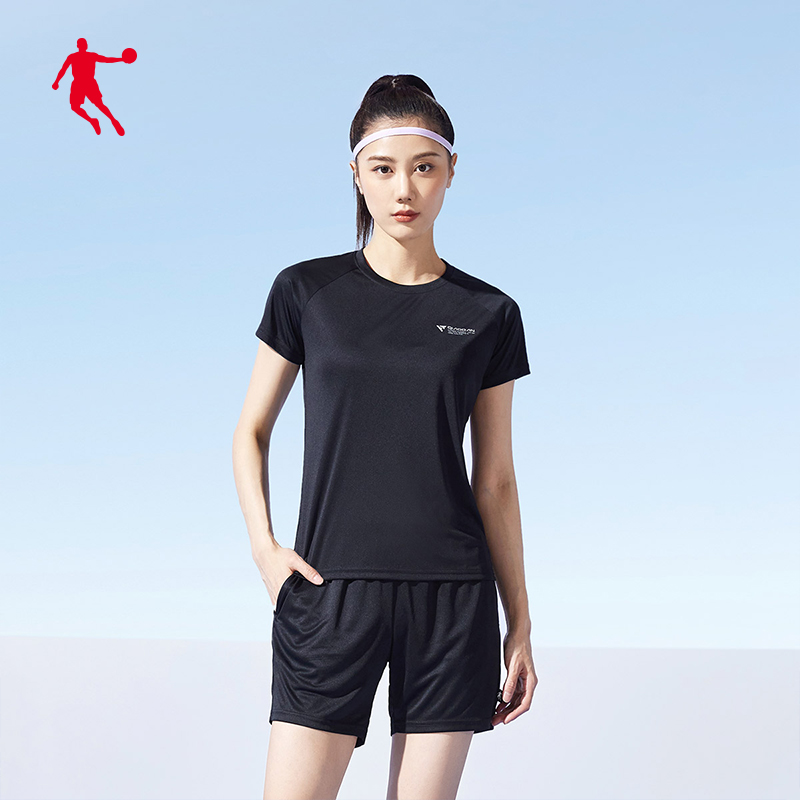 乔丹运动服套装女款2024夏季健身跑步短袖T恤短裤宽松休闲两件套 - 图1