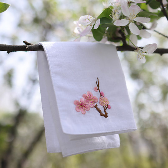 Plum, Orchid, Bamboo and Chrysanthemum Embroidered Cotton Handkerchief