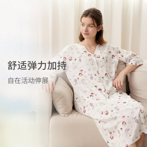 Nest Designs家居裙女士睡裙宽松睡衣开襟睡袍春夏七分袖连身裙-图2