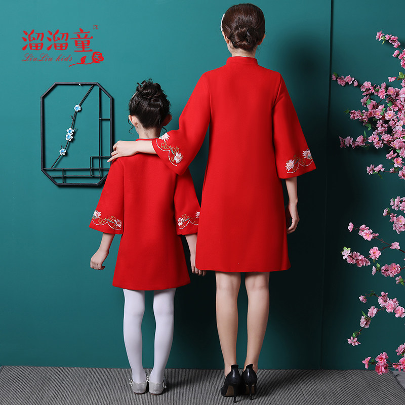 秋冬旗袍洋气母女装红色过年连衣裙 溜溜童亲子装/亲子时装