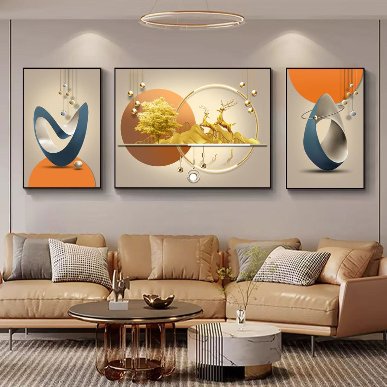 轻奢客厅装饰画沙发背景墙挂画现代简约壁画大气三联画镶钻晶瓷画,淘宝优惠券,粉丝福利购,淘宝优惠卷